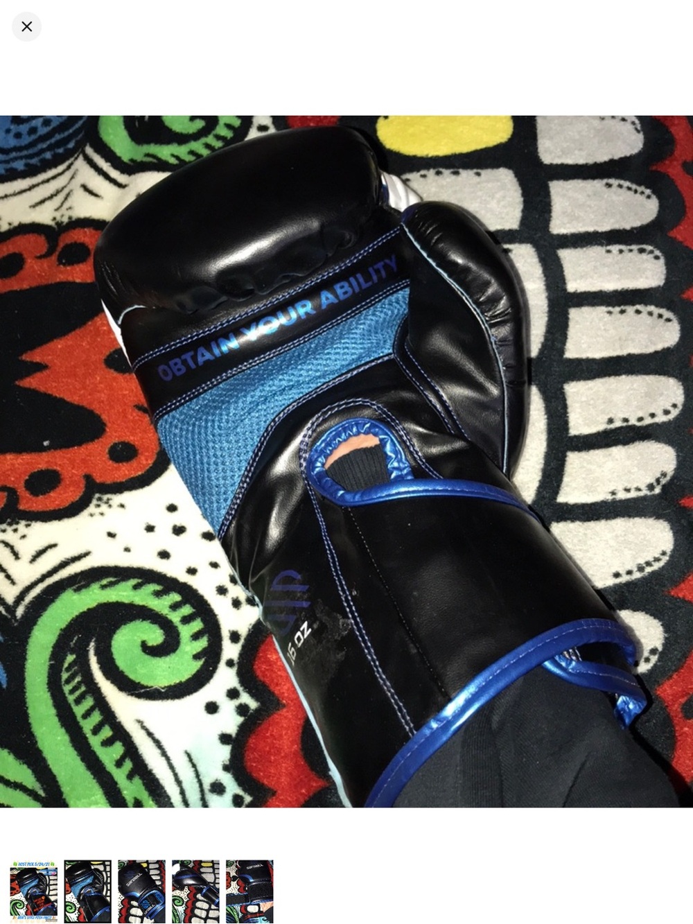 Black & Blue Boxing Glove with 'OBTAIN YOUR ABILITY' Text 16 oz Right glove